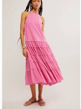 Free People Somewhere Sunny Open-Back Tiered Halter Midi Dress Size Medium NWT